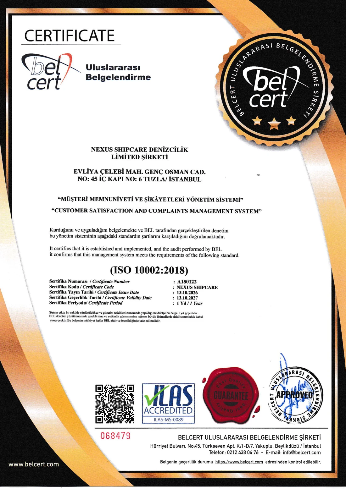 Nexus Shipcare ISO 10002:2018 certificate