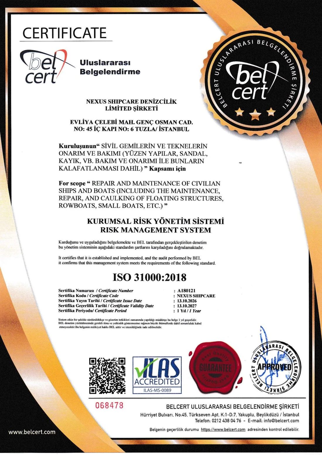 Nexus Shipcare ISO 31000:2018 certificate