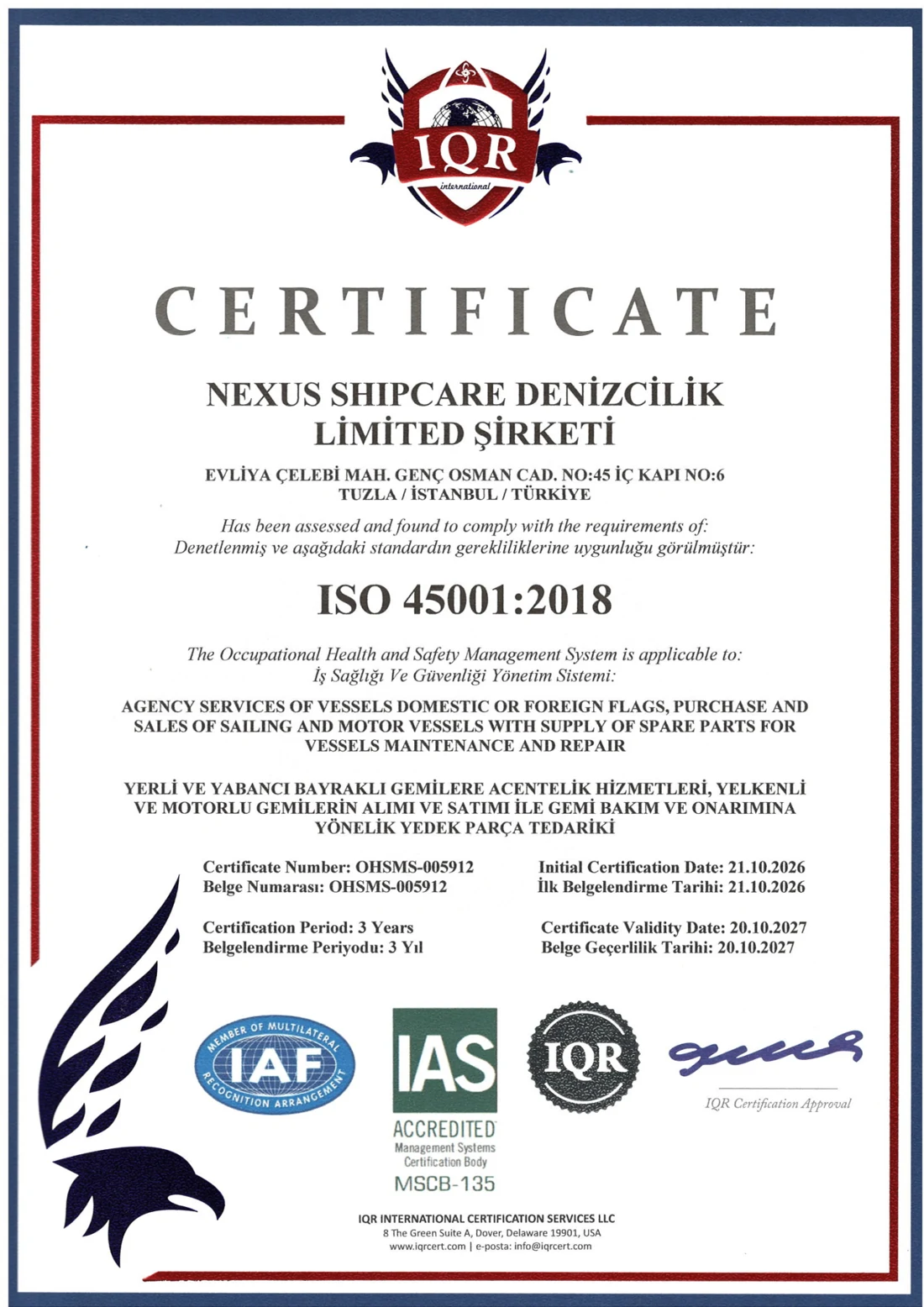 Nexus Shipcare ISO 45001:2018 certificate
