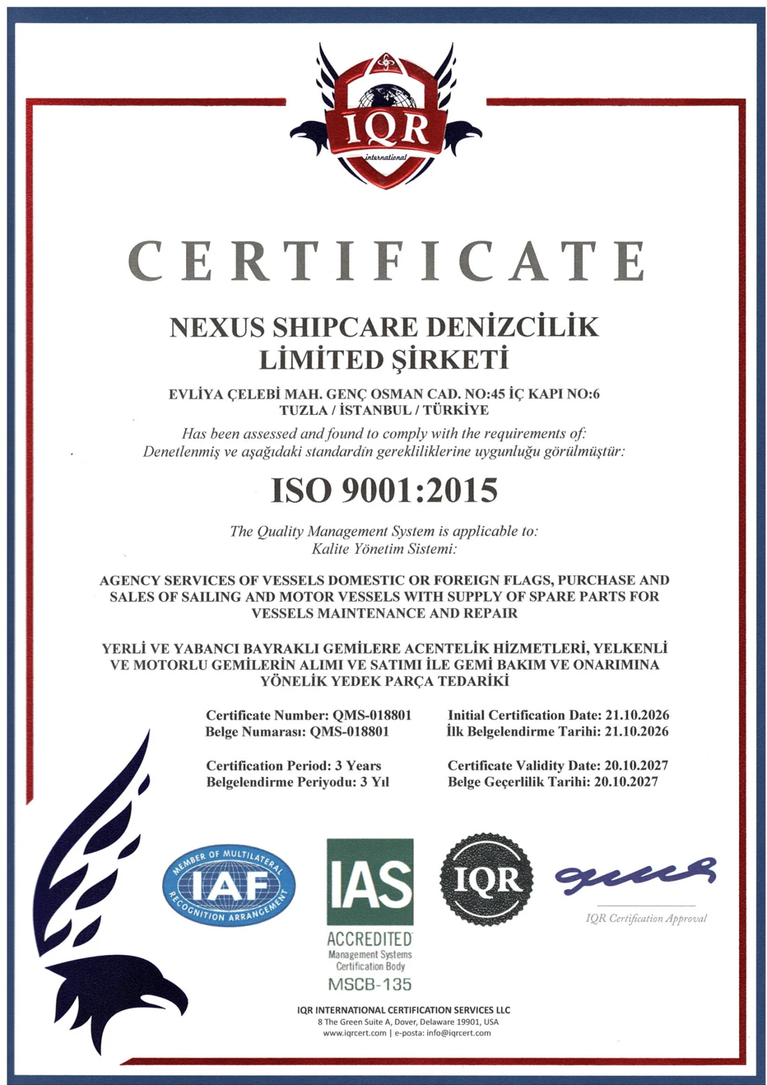 Nexus Shipcare ISO 9001:2015 certificate