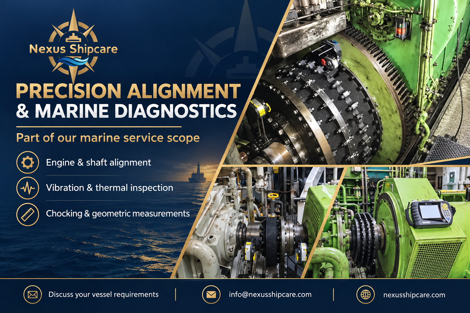 Nexus Shipcare marine alignment and diagnostics service illustration showing engine couplings and shaft generator equipment